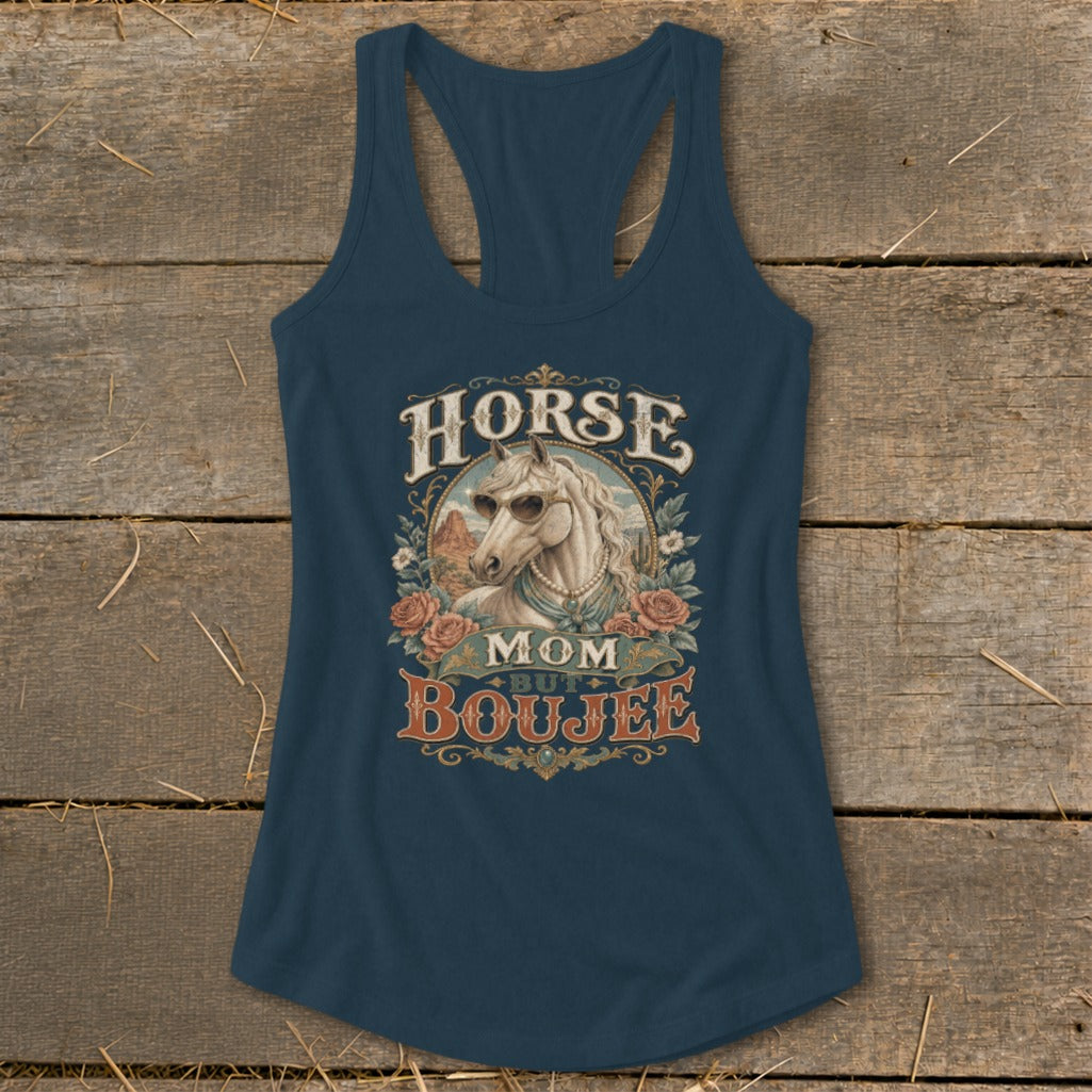 Navy tank top with "Horse Mom But Boujee" graphic featuring a horse with sunglasses.