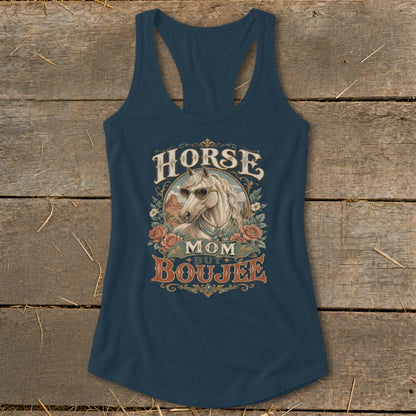 Navy tank top with "Horse Mom But Boujee" graphic featuring a horse with sunglasses.