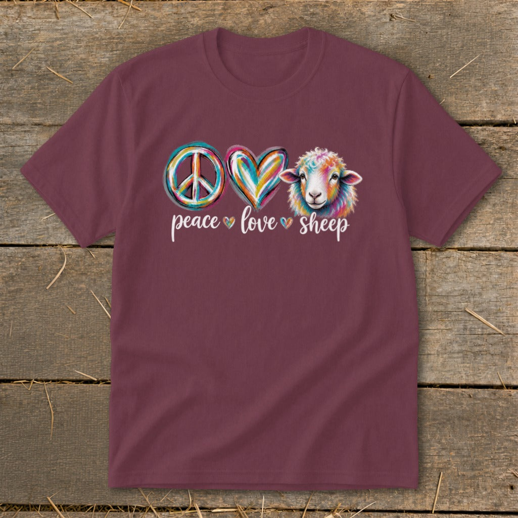 Maroon t-shirt with "peace love sheep" text and a colorful sheep graphic.