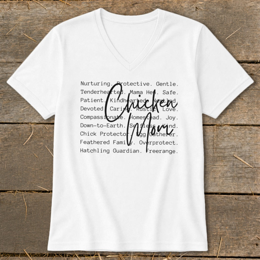 White v-neck t-shirt with "Chicken Mom" text and descriptive words.