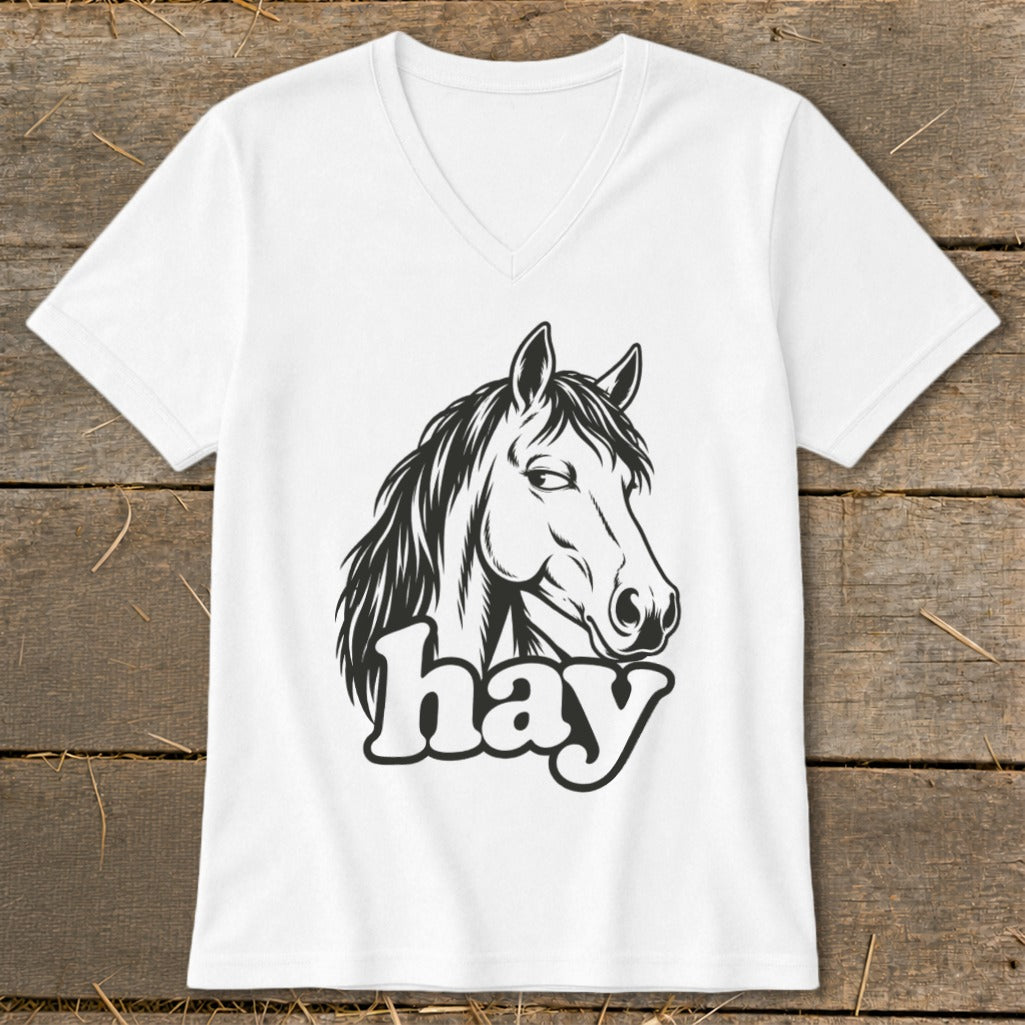 White v-neck t-shirt with a black graphic of a horse's head and the word "hay".