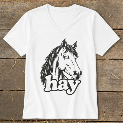 White v-neck t-shirt with a black graphic of a horse's head and the word "hay".