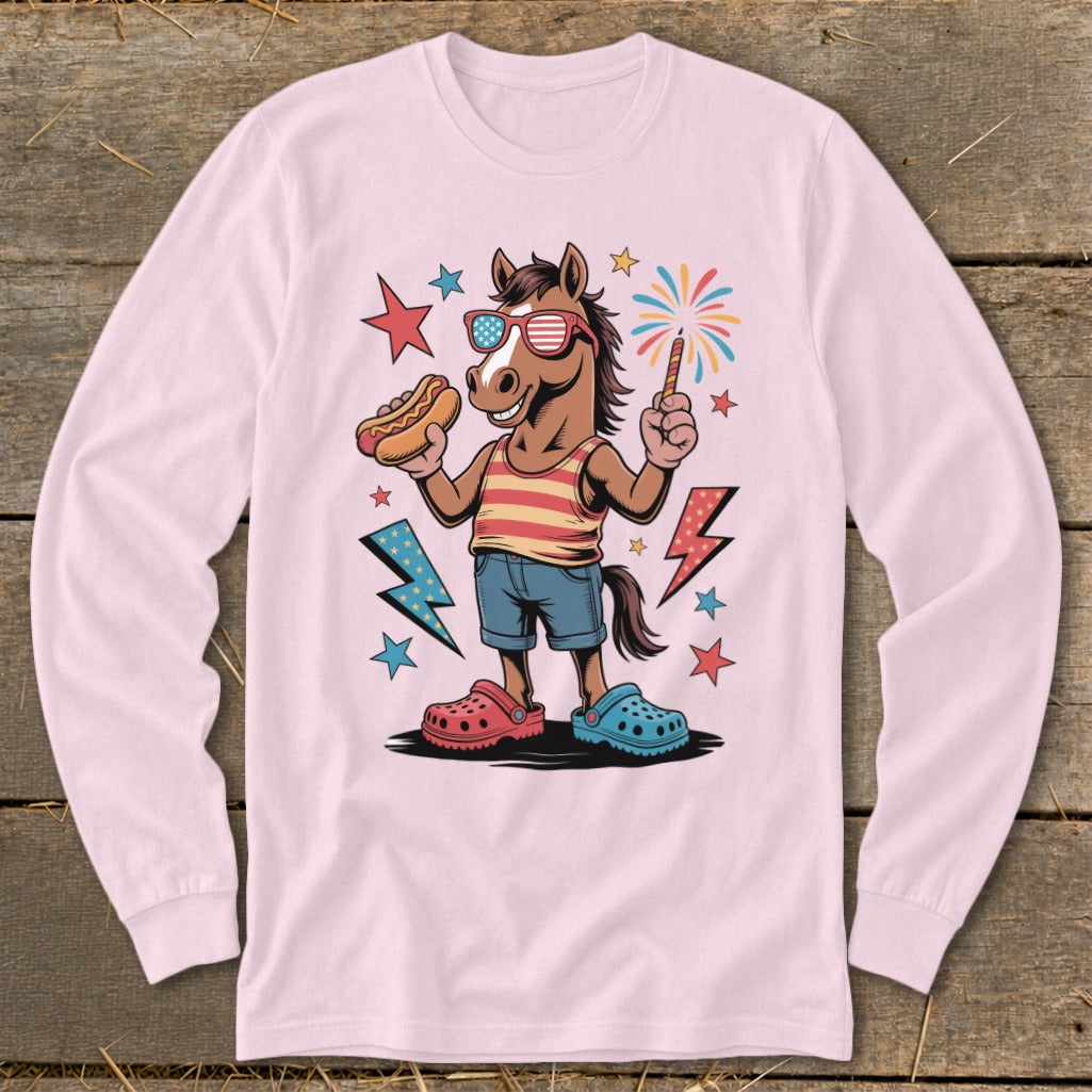 Cartoon horse wearing sunglasses, holding a hot dog and a sparkler, with fireworks and stars.