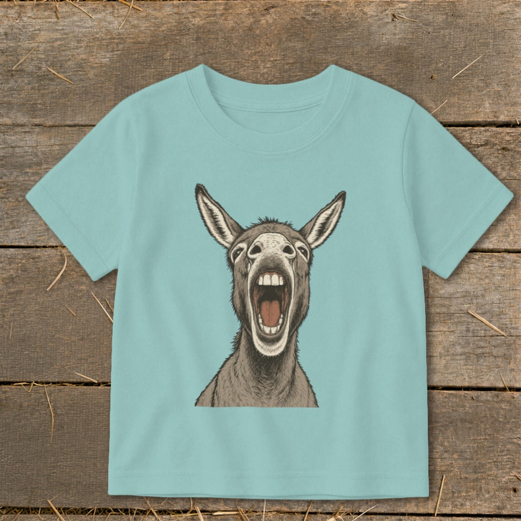 Light blue t-shirt with a graphic of a donkey with its mouth wide open.