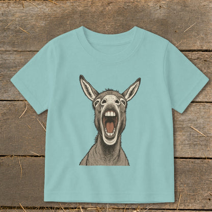 Light blue t-shirt with a graphic of a donkey with its mouth wide open.