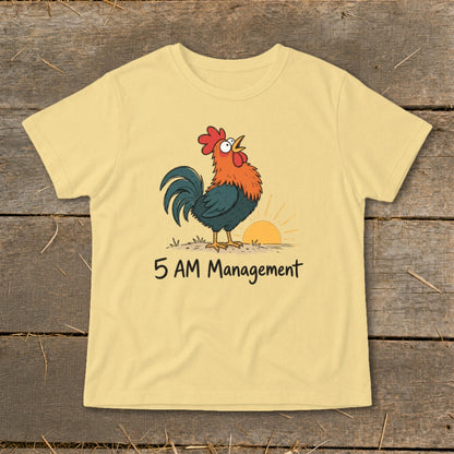 Yellow t-shirt with cartoon rooster and sunrise graphic and "5 AM Management" text.