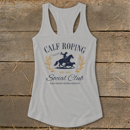 Grey tank top with Calf Roping Social Club graphic and equestrian design.