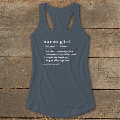 Gray tank top with "horse girl" definition text.