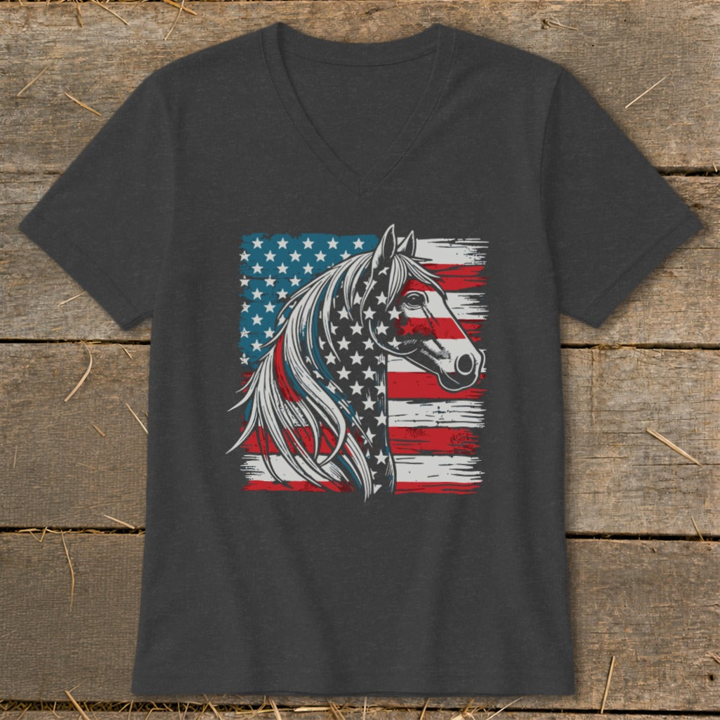 Horse head graphic with American flag design on a dark grey t-shirt.