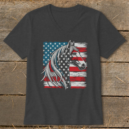 Horse head graphic with American flag design on a dark grey t-shirt.