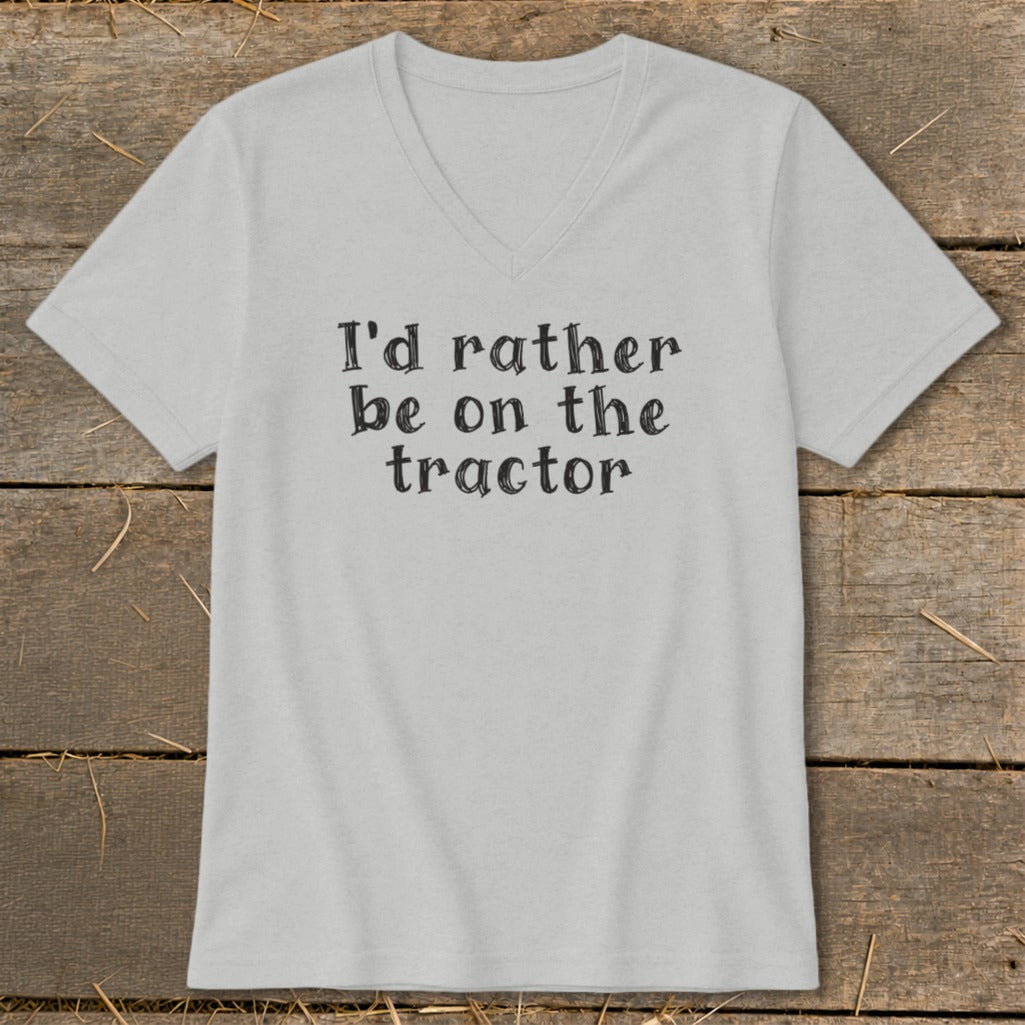 Light grey v-neck t-shirt with "I'd rather be on the tractor" text.