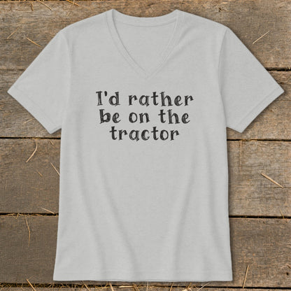 Light grey v-neck t-shirt with "I'd rather be on the tractor" text.