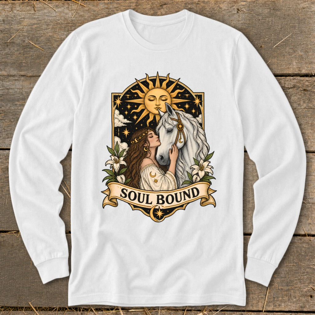 Woman with brown hair embraces a white horse under a sun with a face.
