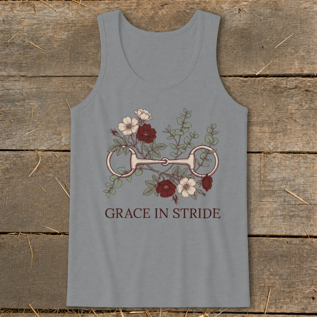 Tank top with floral horse bit design and "GRACE IN STRIDE" text.