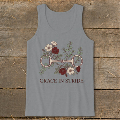 Tank top with floral horse bit design and "GRACE IN STRIDE" text.