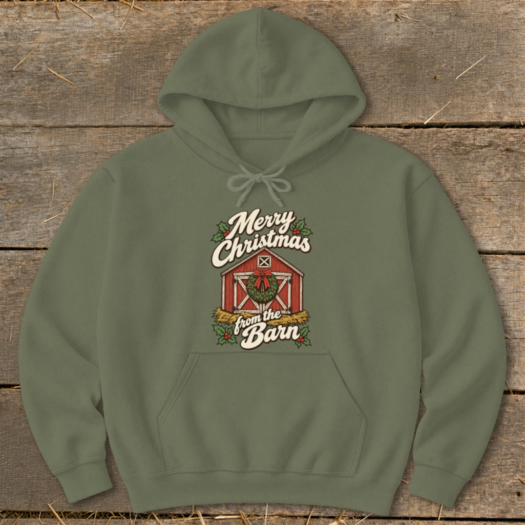 Olive green hoodie with "Merry Christmas from the Barn" graphic featuring a barn and wreath.