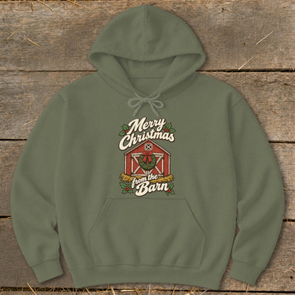 Olive green hoodie with "Merry Christmas from the Barn" graphic featuring a barn and wreath.