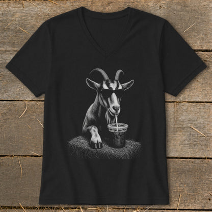 Black t-shirt with a graphic of a goat wearing sunglasses drinking from a cup.