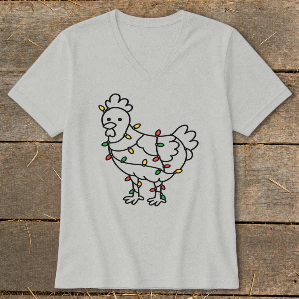 Light gray v-neck t-shirt with a line drawing of a chicken wrapped in Christmas lights.