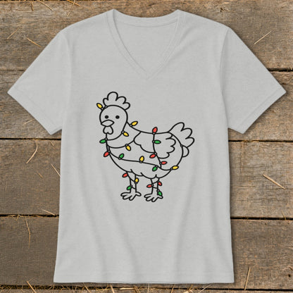 Light gray v-neck t-shirt with a line drawing of a chicken wrapped in Christmas lights.