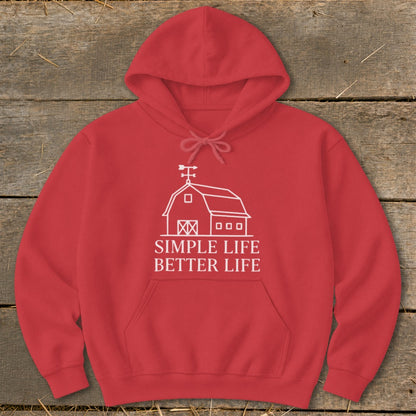 Red hoodie with white barn graphic and text "Simple Life Better Life".