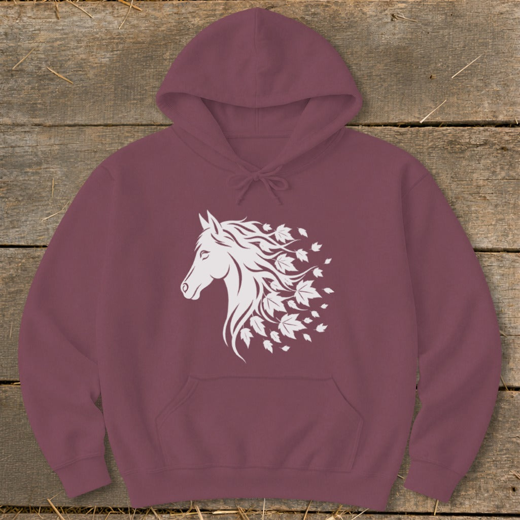 Maroon hoodie with white horse head and falling leaves graphic.