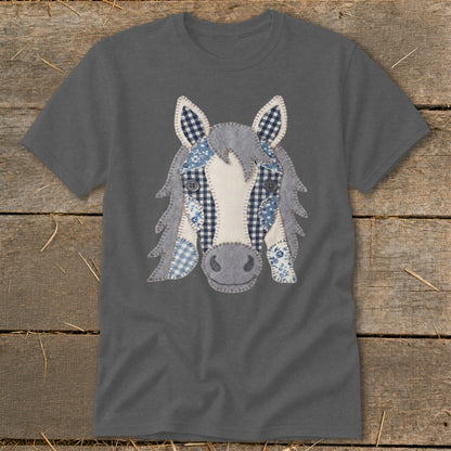 Gray t-shirt with a patchwork horse face appliqué in blue and white.