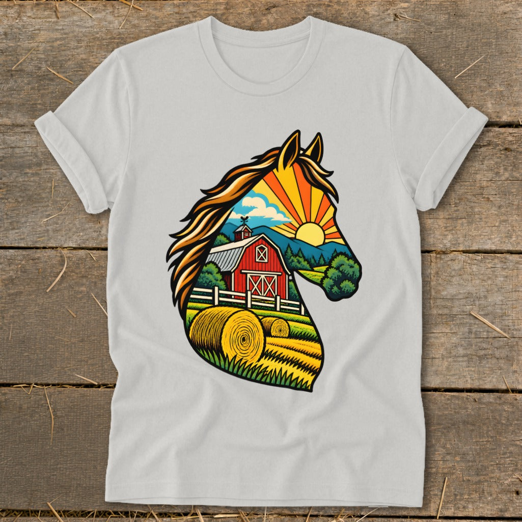 A light gray t-shirt with a graphic of a horse head silhouette containing a farm landscape.