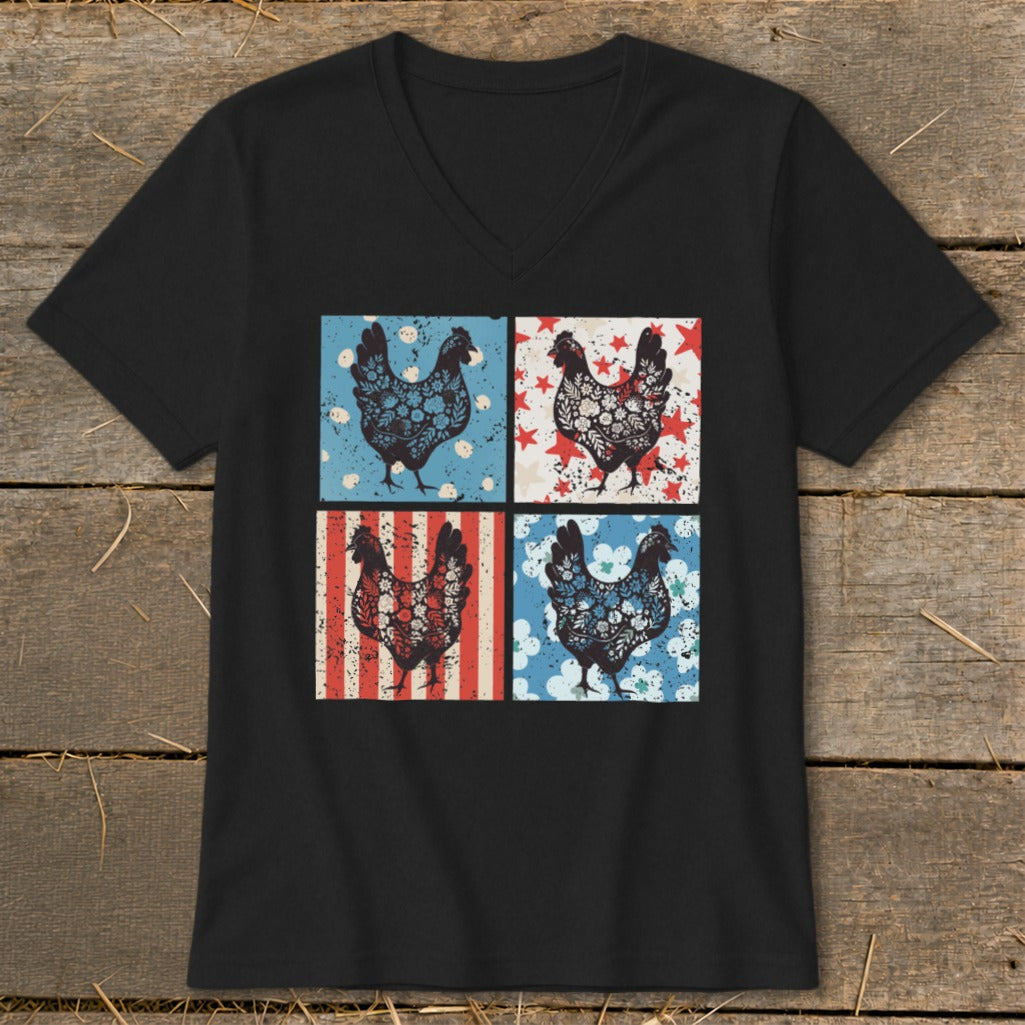 Black t-shirt with four square panels featuring chickens on patriotic backgrounds.
