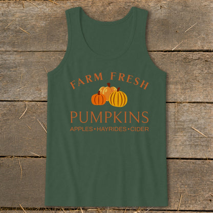 Green tank top with pumpkins and text "Farm Fresh Pumpkins Apples Hayrides Cider."