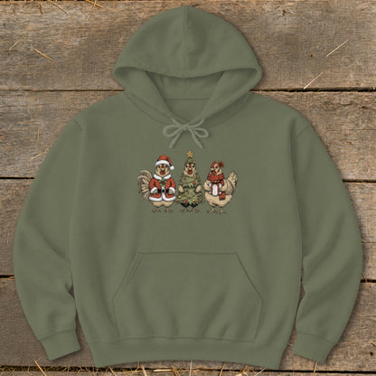 Olive green hoodie with a Christmas-themed chicken graphic on the chest.
