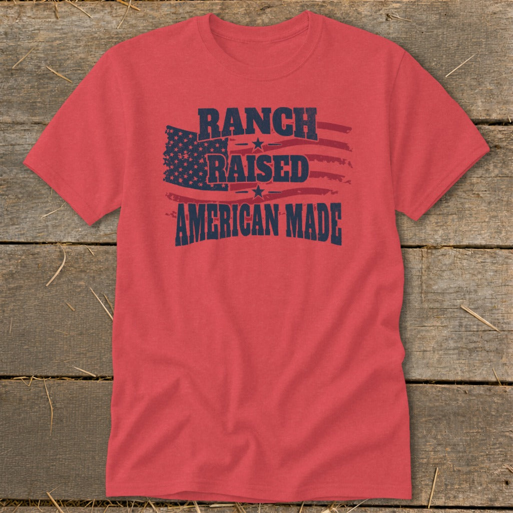 Red t-shirt with distressed American flag graphic and text: Ranch Raised American Made.