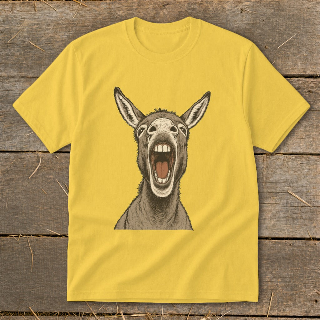 Yellow t-shirt with a drawing of a donkey with its mouth wide open.