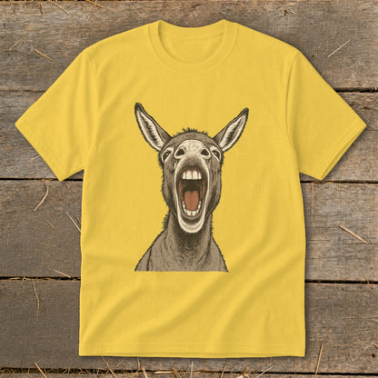 Yellow t-shirt with a drawing of a donkey with its mouth wide open.