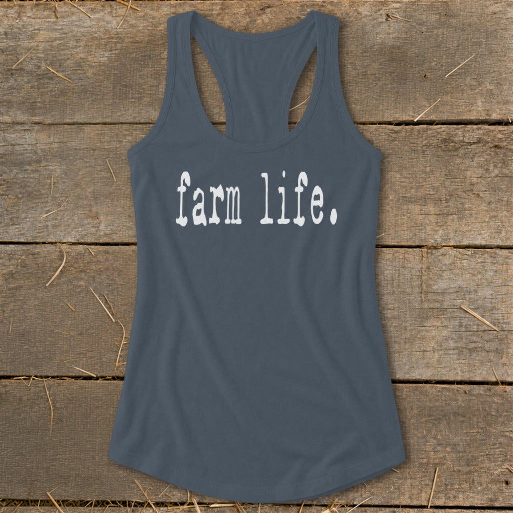 Sleeveless tank top with "farm life." printed in white on dark grey fabric.