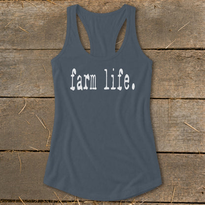 Sleeveless tank top with "farm life." printed in white on dark grey fabric.