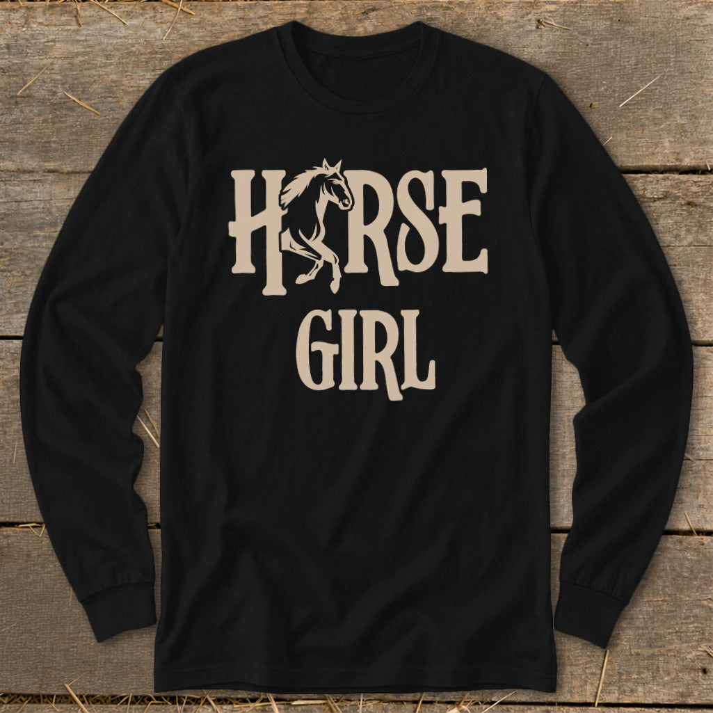 Black long-sleeve shirt with "HORSE GIRL" text and a horse graphic.