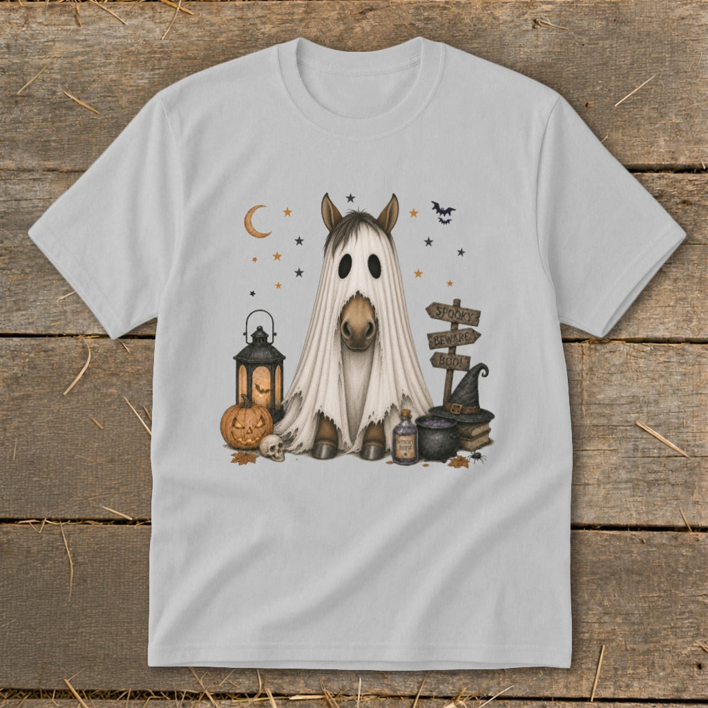 Horse in ghost costume with Halloween decorations and "Spooky Beware Boo!" signs.