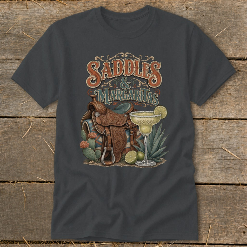 Western saddle, margarita, cactus, and succulents with text "Saddles & Margaritas".