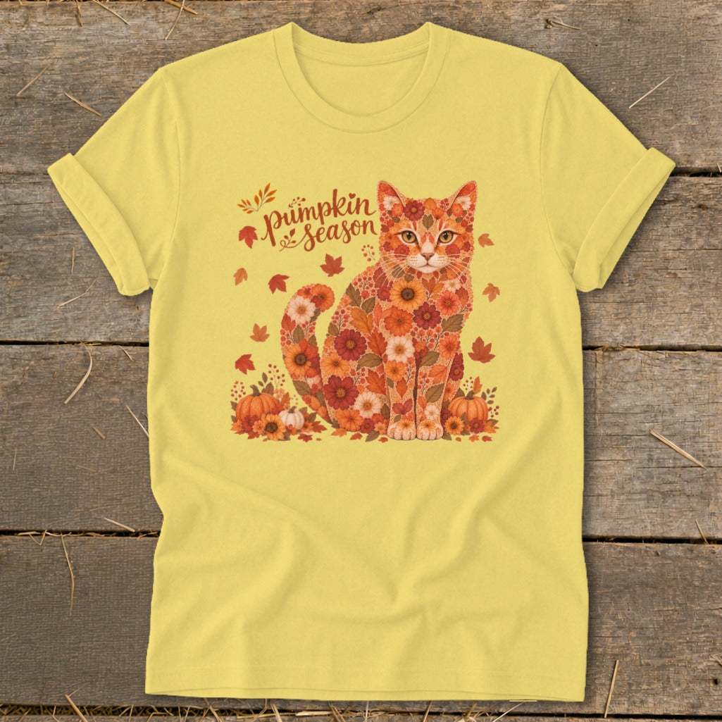 Yellow t-shirt featuring a cat made of autumn flowers with pumpkins and "Pumpkin Season" text.