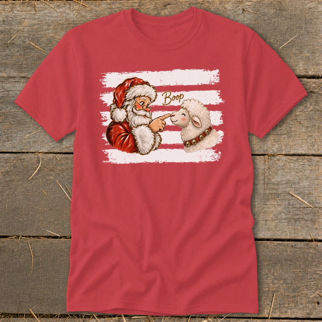 Santa booping a sheep with the word "Boop" in the background.