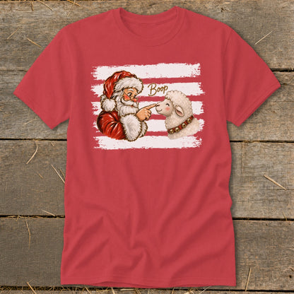 Santa booping a sheep with the word "Boop" in the background.