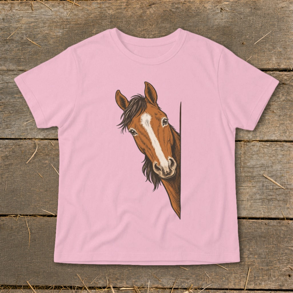 Pink t-shirt featuring a brown horse peeking from the side.