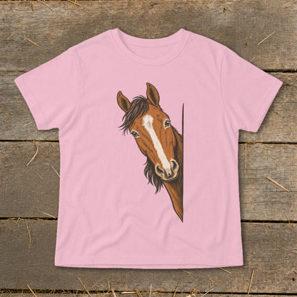 Pink t-shirt featuring a brown horse peeking from the side.