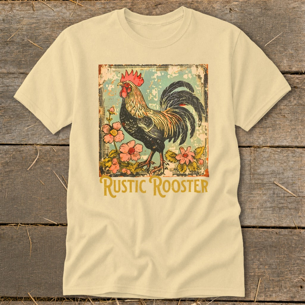 A vintage-style rooster stands amongst flowers with the text "RUSTIC ROOSTER".
