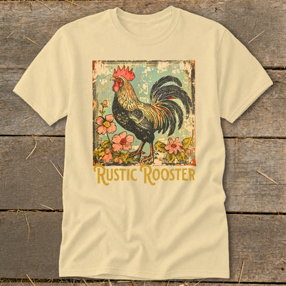 A vintage-style rooster stands amongst flowers with the text "RUSTIC ROOSTER".