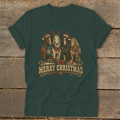 Four horses wear Santa hats and scarves with "Merry Christmas" text.
