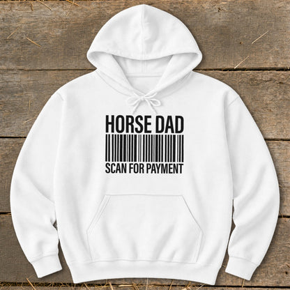 White hoodie with "HORSE DAD" and barcode graphic.