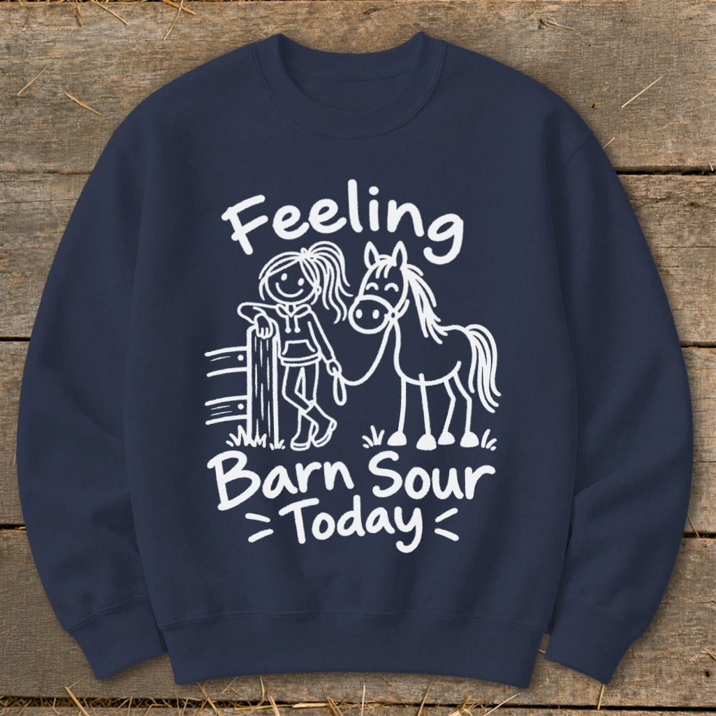 Navy sweatshirt with cartoon girl and horse graphic and text "Feeling Barn Sour Today".