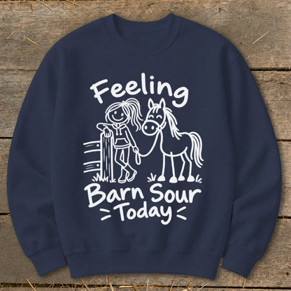 Navy sweatshirt with cartoon girl and horse graphic and text "Feeling Barn Sour Today".